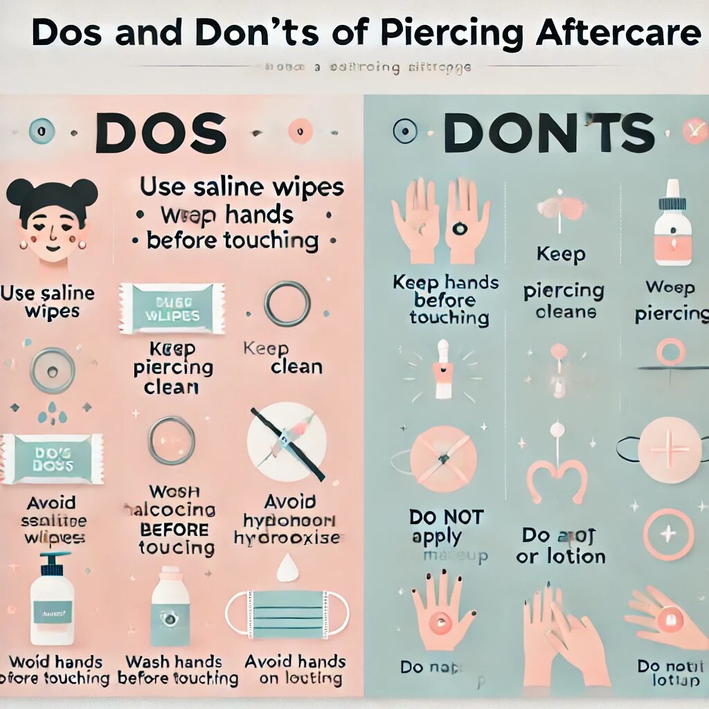 DALL·E 2024-08-30 00.49.21 - A clean and simple infographic titled 'Dos and Don’ts of Piercing Aftercare.' The infographic should have two columns_ the left side labeled 'Dos' wit